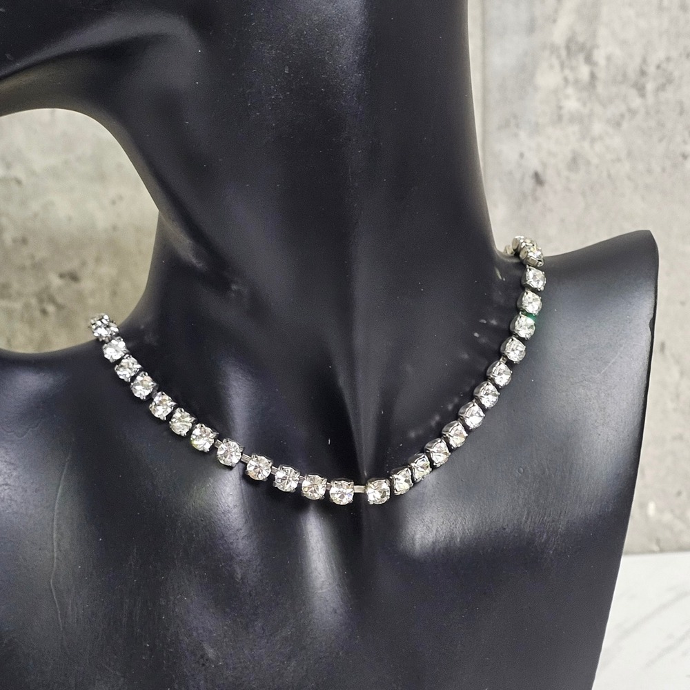 Vintage 60s Silvertone Round Cut Rhinestone Tennis Choker Necklace 14" Costume